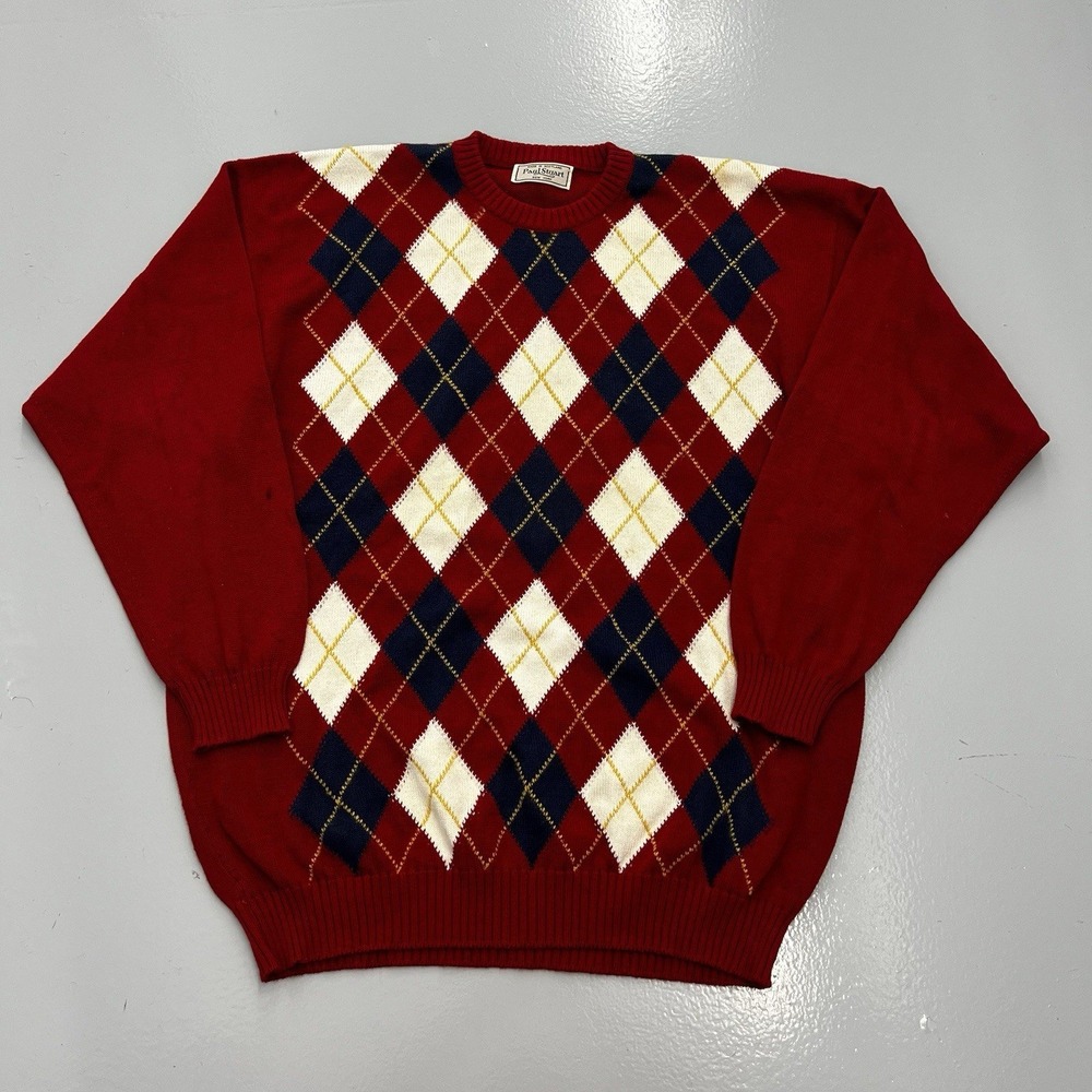 Paul Stuart Mens Large Red Argyle Cotton Cashmere Sweater Made in Scotland